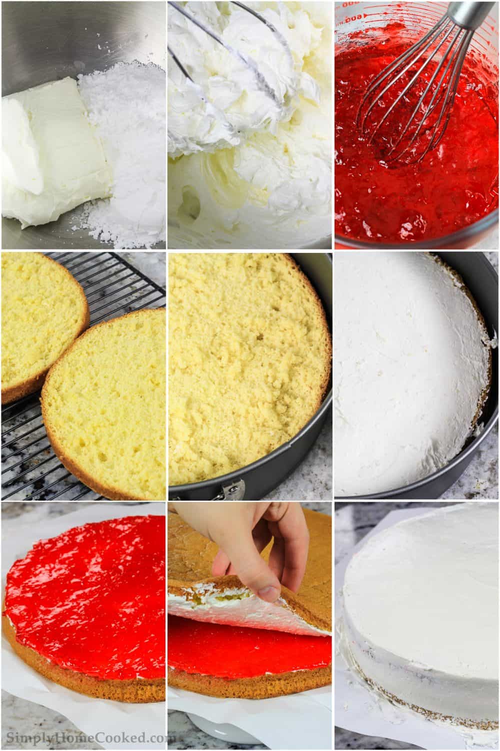 This Cherry Jello Cake Recipe is one of my favorite summertime desserts! A homemade cake and layers of sweet cherry filling make it a hit you feel good serving. #jellocake #cherryjello #spongecake #cherrypiecake #cherrycake Step by step photo collage of mixing cream cheese and Jello layers for this cherry Jello cake recipe