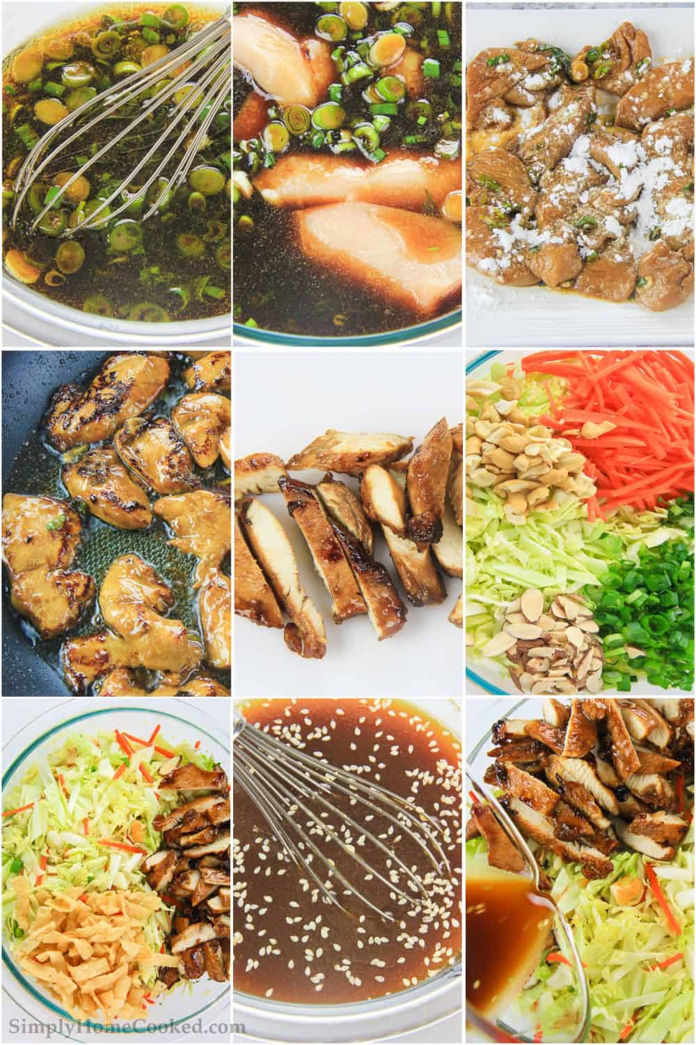 crunchy asian chicken salad recipe with simple ingredients that are so easy to throe together. #asianchickensalad #chinesechickensalad #asiansalad #sesamesalad #chickensalad a step by step photo collage on how to make a simple asian chicken salad