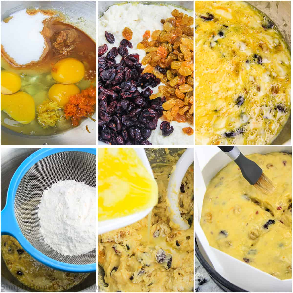 This buttery panettone bread recipe is loaded with fragrant citrus zest, dried cranberries, and golden raisins. The warm fluffy texture will blow your mind! #panettone #christmasbread #italianbread #italianchristmas steps to make panettone