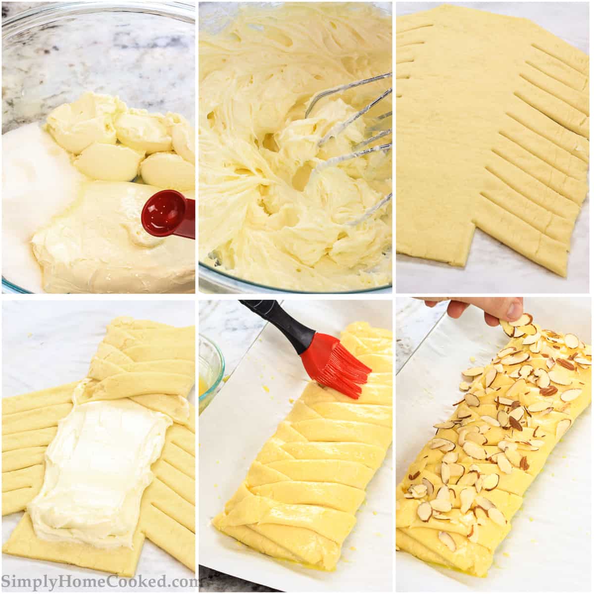 This Danish Recipe with Almonds and Cream Cheese is a perfect easy treat to make and serve with your favorite cup of coffee.  #danishrecipe #homemadedanish #danishdough #almonddanish #braideddanish Step by step photo collage of the filling being prepared then placed within the danish recipe doughy and braided prior to placing in the oven to bake