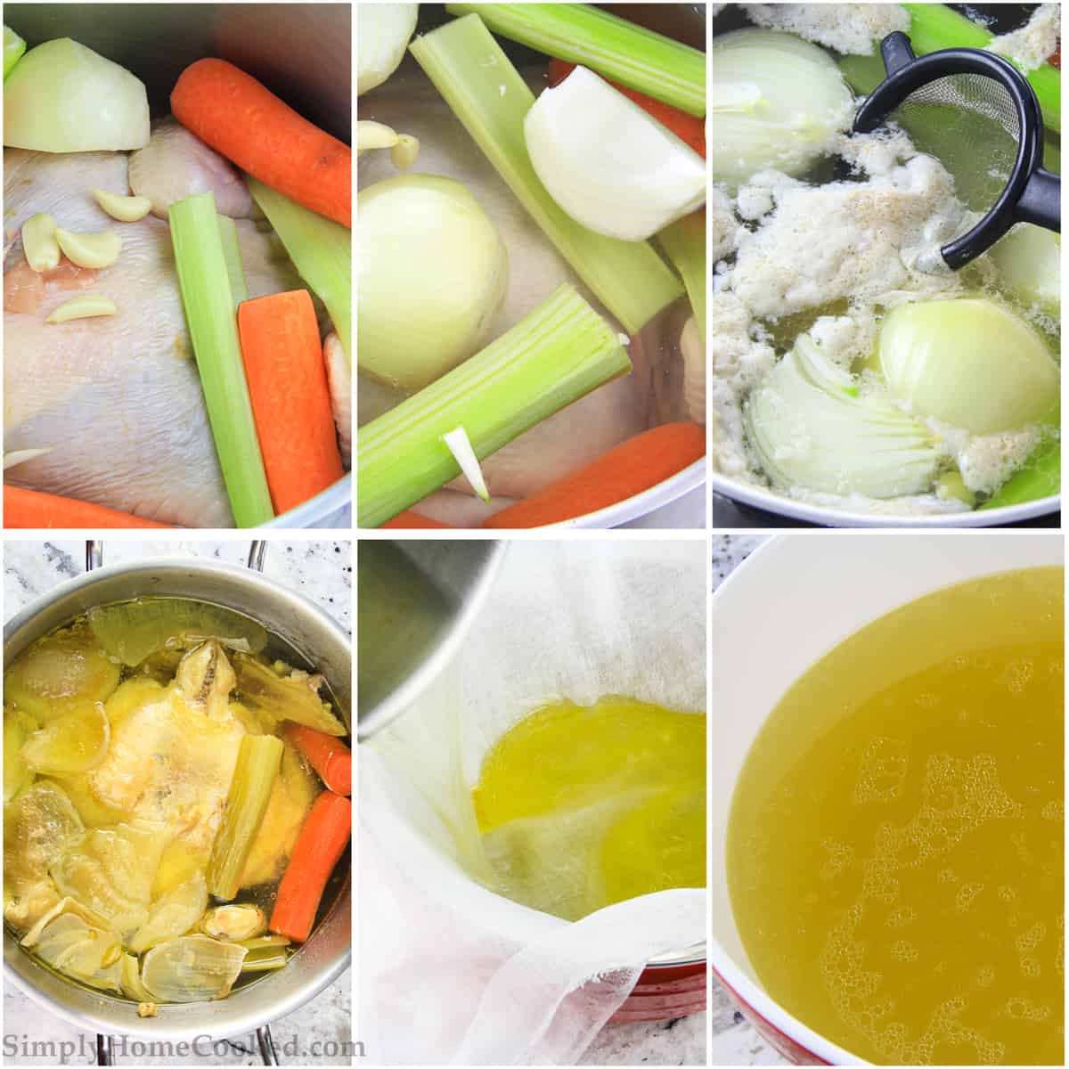 A simple and easy homemade chicken brith recipe that will become a staple in your kitchen. Its so hearty, healthy, and delicious! #chickenbroth #homemadebroth #chickenstock #bonebroth a step by step photo collage on how to make the best chicken broth recipe