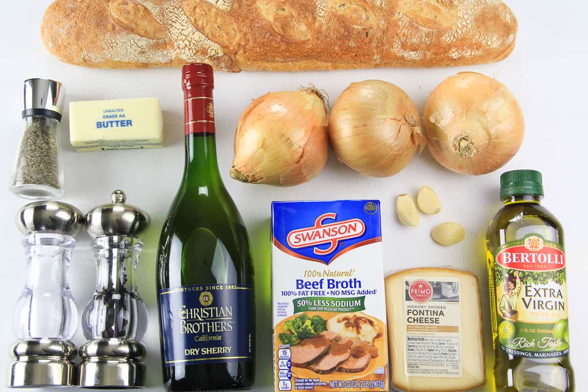 A overhead picture of all the ingredients that are needed to make the best french onion soup