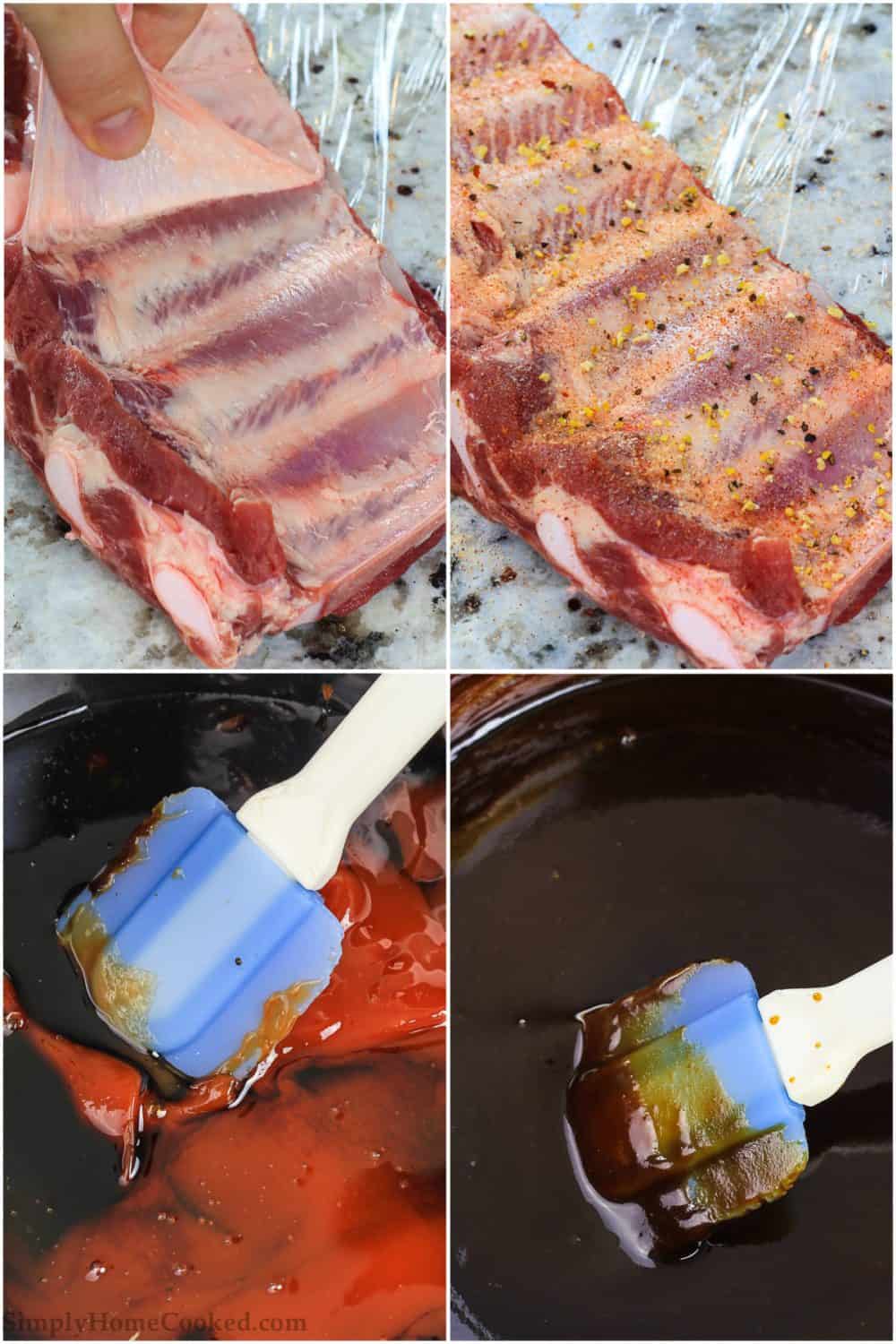 raw pork back ribs with seasoning on top, homemade barbecue sauce in a saucepan