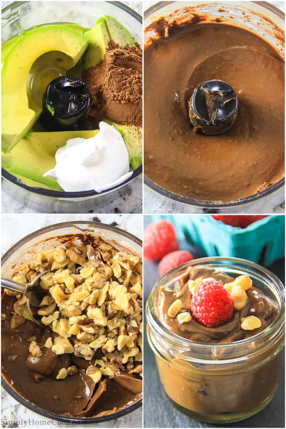 This Paleo Chocolate Pudding is shockingly easy to make and packs smooth creamy chocolate flavor you are looking for while staying Paleo friendly. #paleochocolate #chocolatepudding #healthypudding #paleodessert Photo collage of the process steps for making paleo chocolate pudding recipe