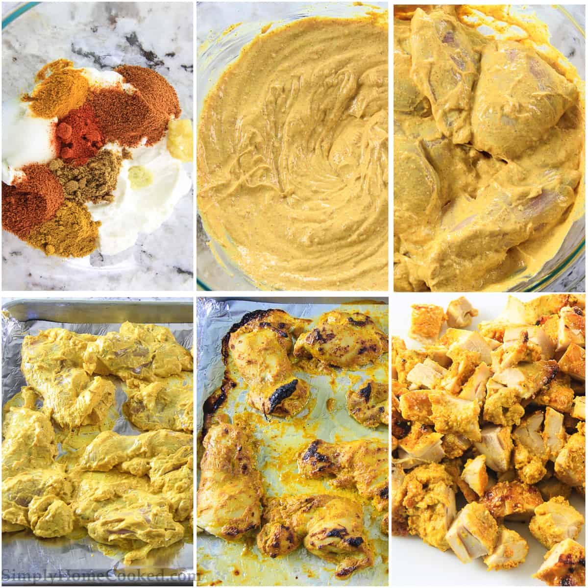 Creamy and buttery, this Indian Butter Chicken is mouth-wateringly delicious. The mix of spices with juicy chicken make this dish taste oh so good. #bestindianbutterchicken #butterchickenrecipe #Indianbutterchickenrecipe #indiandish Six tiles showing the steps to make Indian butter chicken marinade, including combining spices with yogurt, covering the chicken, putting it on a baking sheet, and then cooking and cubing the chicken.