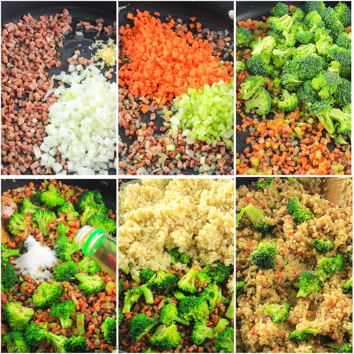 Fluffy quinoa fried made with diced ham, carrots, and crunchy broccoli florets. It's a delicious way to enjoy fried rice minus the gluten. #quinoafriedrice #friedrice #healthyfriedrice #quinoarecipe #friedquinoa a step by step photo collage on how to make a quinoa fried rice in a skillet