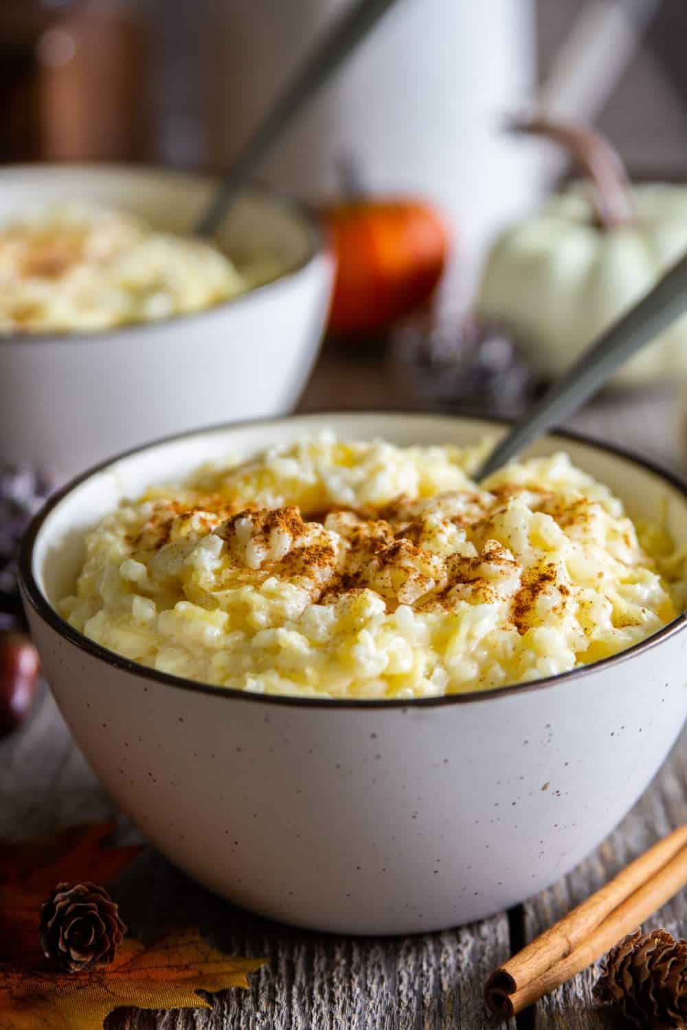 This simple rice pudding recipe is the perfect comfort dish for fall since its loaded with cubes of sweet spaghetti squash. The flavors are truly amazing! #ricepudding #squashrecipe #fallbreakfast a close up image of delicious squash rice pudding in a white bowl with cinnamon on top and a spoon inside
