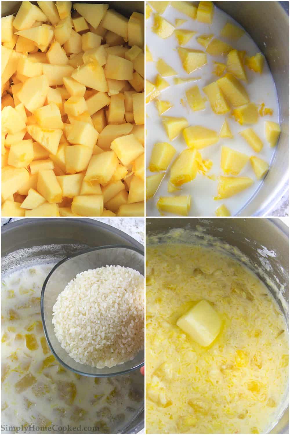 This simple rice pudding recipe is the perfect comfort dish for fall since its loaded with cubes of sweet spaghetti squash. The flavors are truly amazing! #ricepudding #fallrecipe #ricebreakfast #sqaushrecipe a step by step photo collage on how to make rice pudding with squash