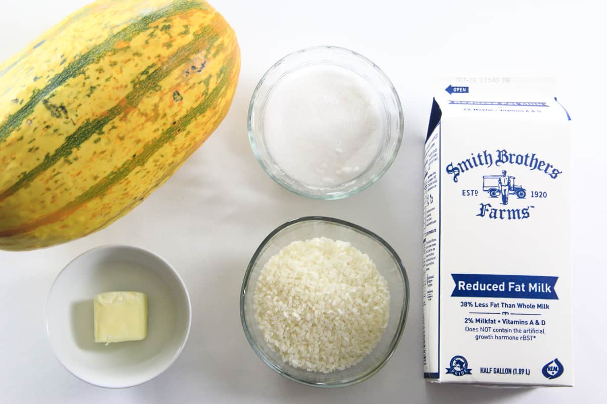 This simple rice pudding recipe is the perfect comfort dish for fall since its loaded with cubes of sweet spaghetti squash. The flavors are truly amazing! #ricepudding #fallpudding #squashpudding Ukrainianbreakfast an overhead image of ingredients for rice pudding on a white background