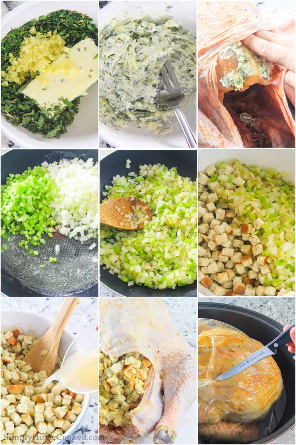 a step by step photo collage on how to make the juiciest roasted turkey for Thanksgiving 