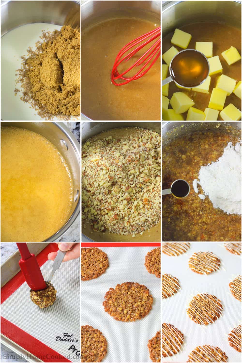 Florentine Cookies are the perfect delicate balance of crunchy sweetness that melts in your mouth. This simple recipe will become a favorite. #Florentinecookies #lacecookies #almondcookies #thincooking #Florentines Step by step photo collage of preparing the florentine cookies batter and placing on the baking sheet before cooking