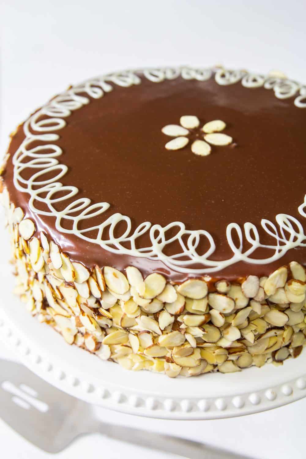 Poppy Seed Honey Cake covered in sliced almonds and chocolate ganache on a white plate and white background.