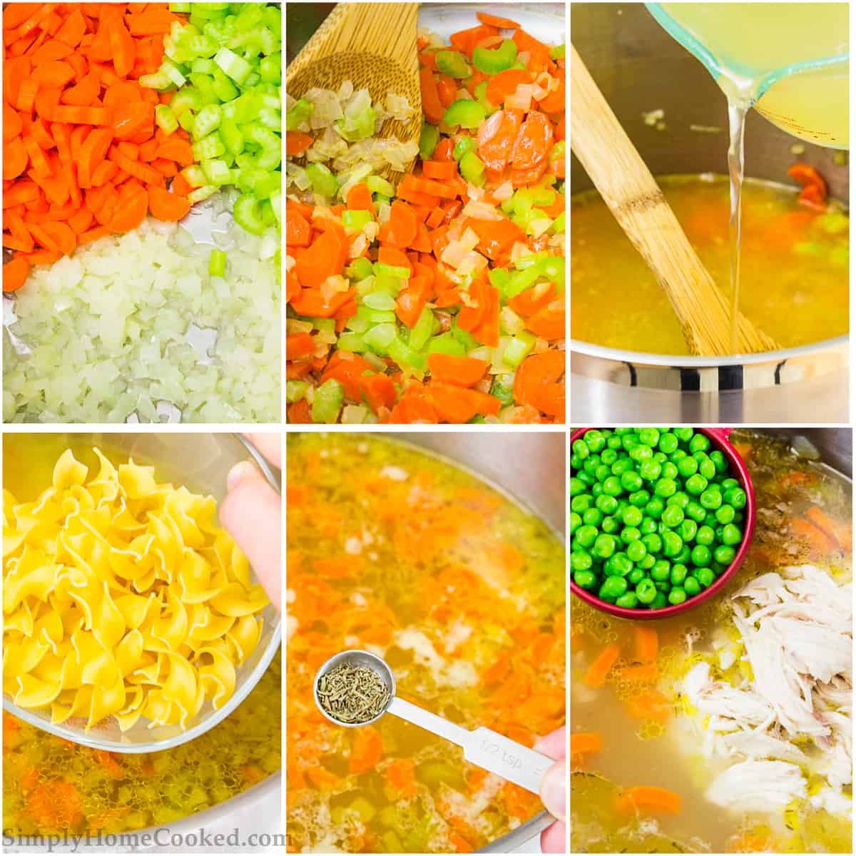 Everyone needs a Chicken Noodle Soup from Scratch in their recipe book and this one loaded with carrots, celery and the extra snap of peas is going to become a family favorite. #chickennoodlesoup #noodlesoup #chickensoup #healthysoup #clearsoup #lowcaloriesoup Step by step photo collage of process being photographed from overhead including cooking vegetables, adding broth, pasta, and chicken to simmer and make this chicken noodle soup from scratch