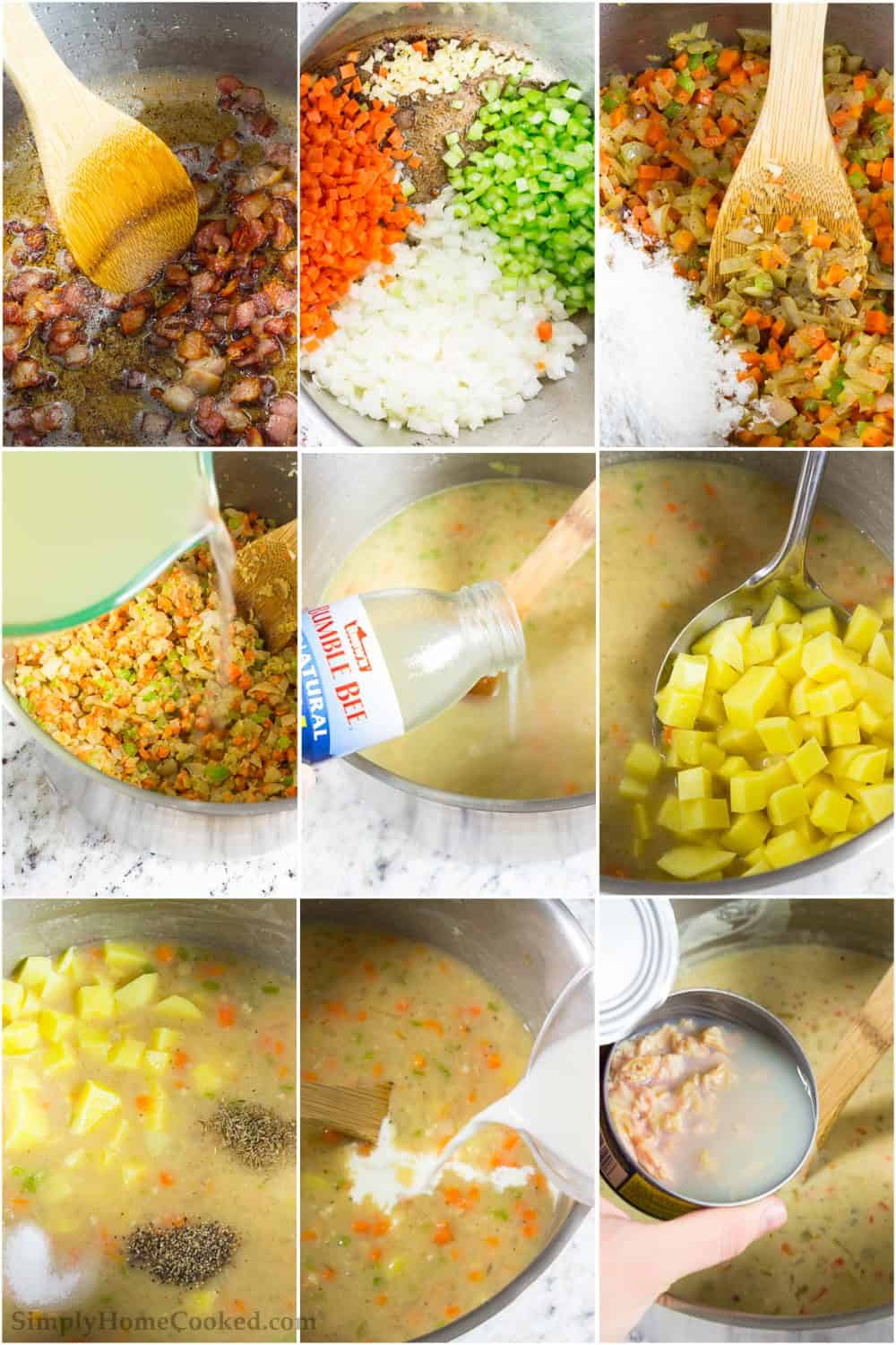 This Clam Chowder Soup recipe is a perfect meal that brings together a potato and cream base and the saltiness of clams with a light smoky bacon flavor. #clamchowder #chowder #seafoodchowder #clamsoup #seafoodsoup #creamysoup Step by step photo collage of preparing the vegetables and broths to create the clam chowder soup recipe