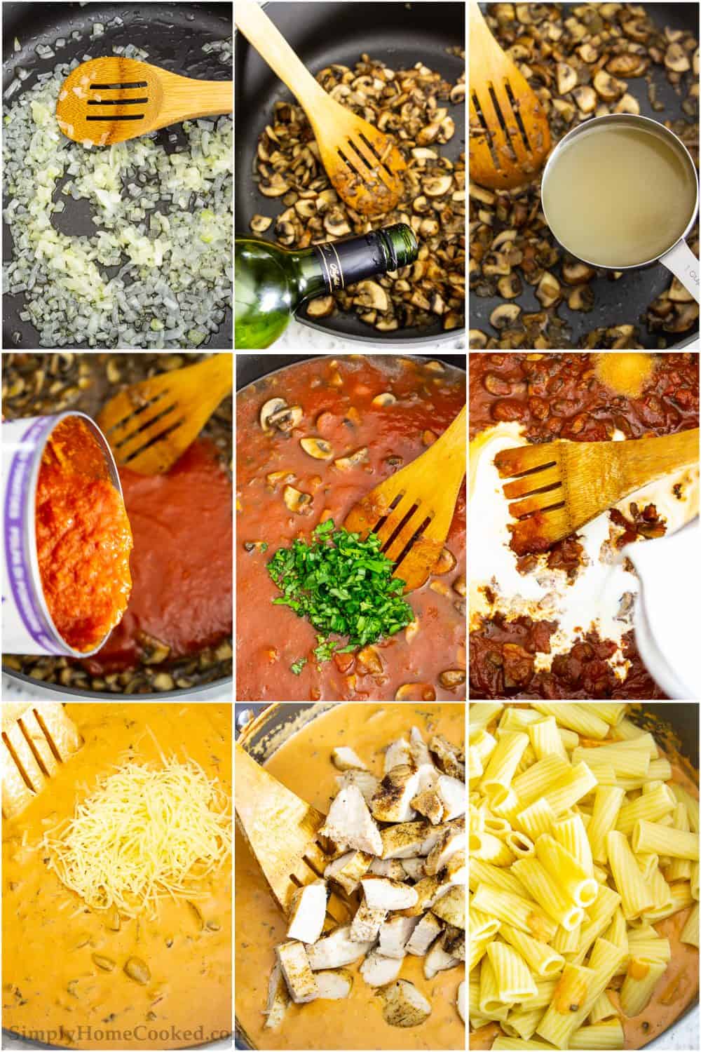 Step by step collage guide for making creamy chicken mushroom pasta recipe from sauteeing vegetables to creating sauce