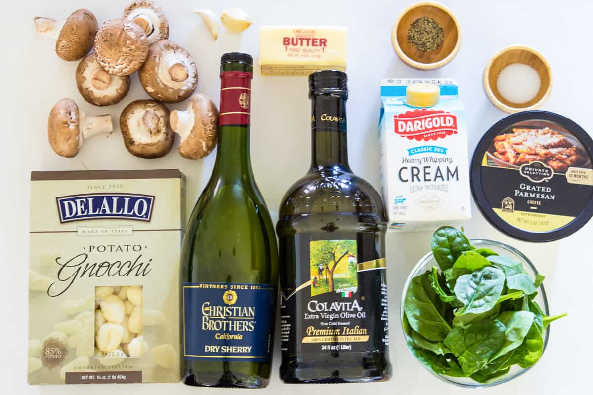 ingredients for creamy mushroom and spinach gnocchi