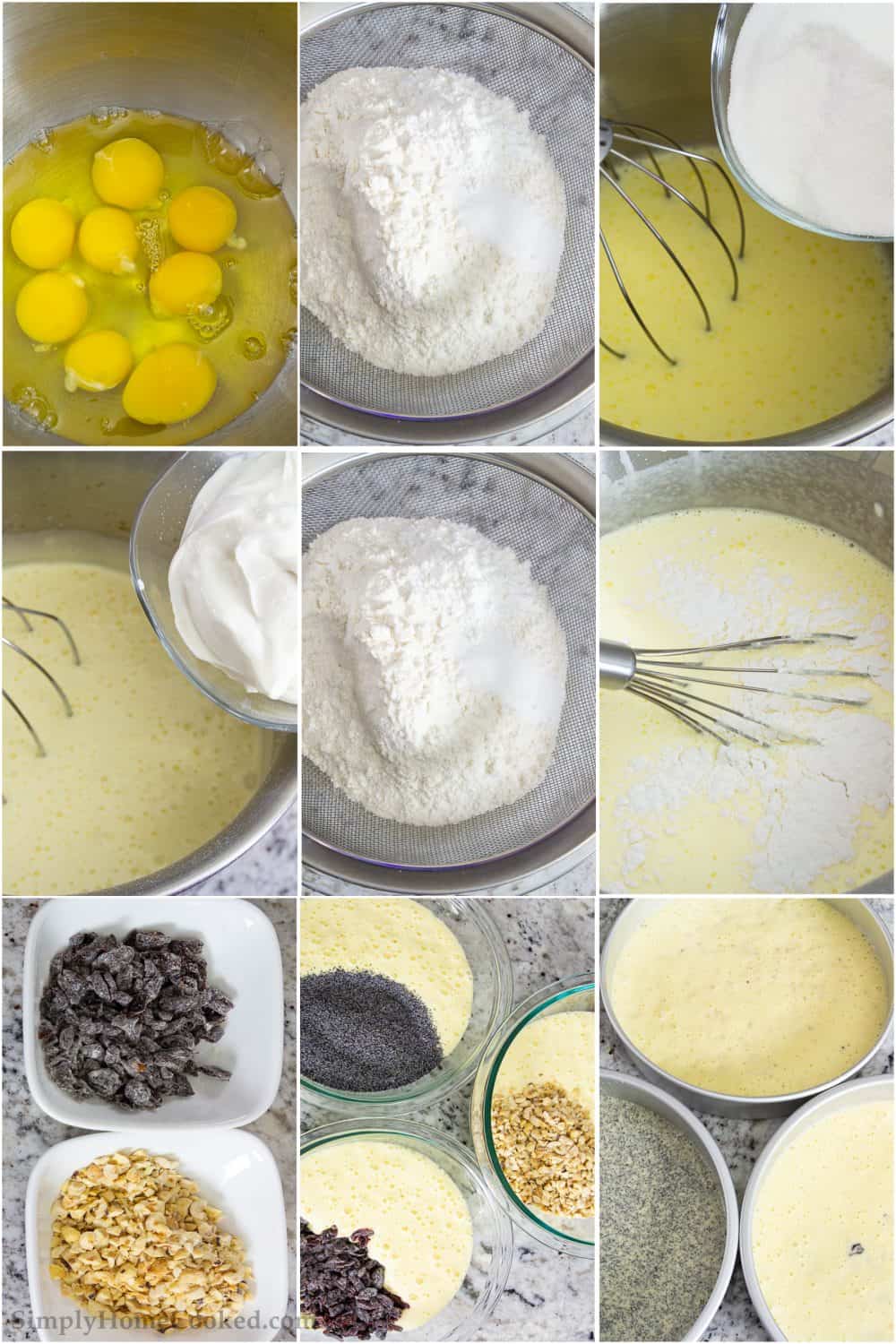 Decadent layers of hazelnuts, poppyseed, and cherry cake with creamy dulce de leche frosting. This Russian Royal cake recipe is the ultimate holiday cake! #royalcake #russiancake #korolevskytort #korolevsky #russianlayercake A collage of step by step directions showing how to make Russian Royal cake with poppy seeds, dried cherries, and hazelnuts