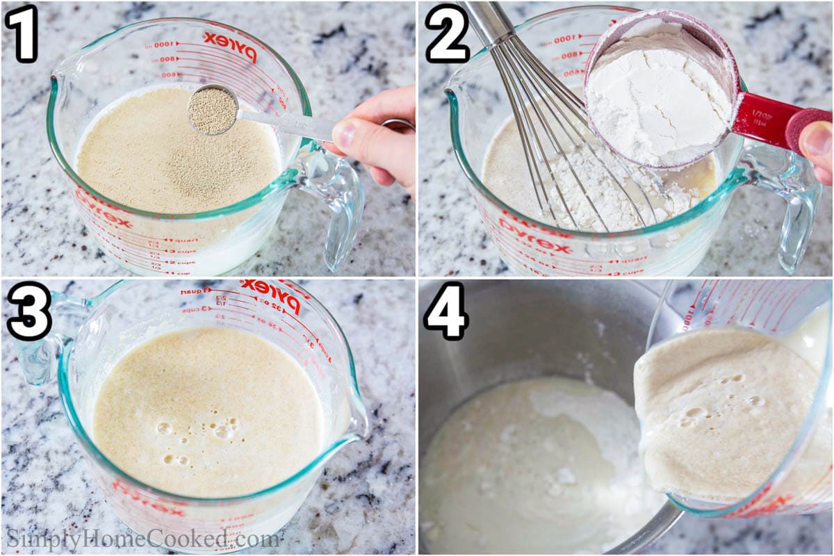 Steps to make Poppy Seed Pull Apart Bread: froth the yeast with sugar and milk, then whisk in flour and let stand before adding to a stand mixer. 