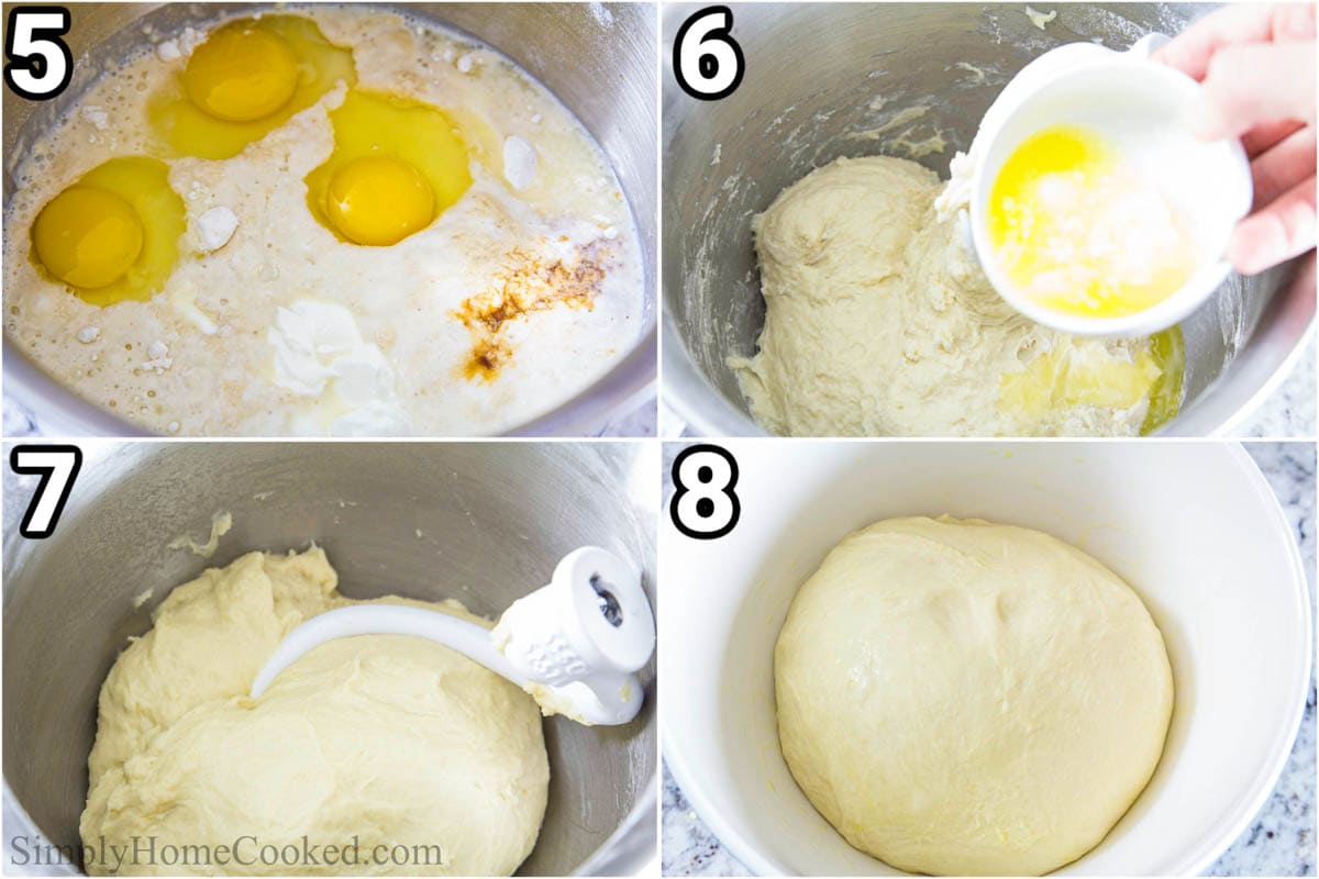 Steps to make Poppy Seed Pull Apart Bread:  add the flour and eggs and vanilla, then the melted butter, mixing with the hook attachment until the dough is smooth.