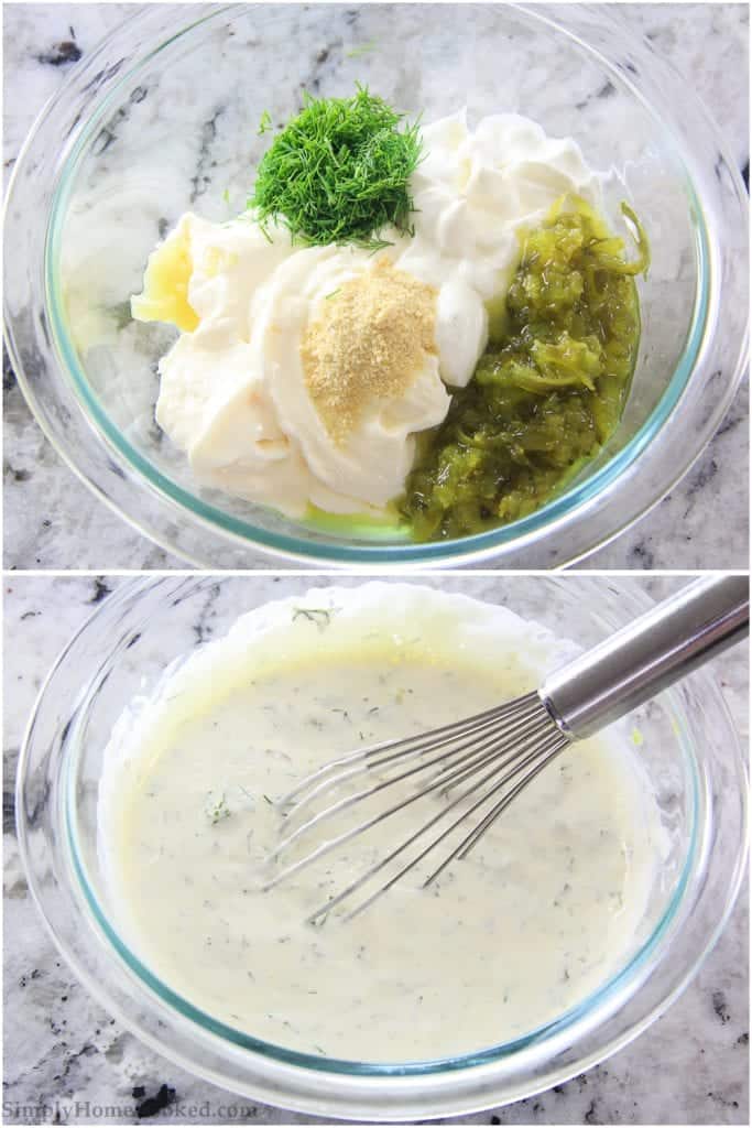 This tartar sauce is great with french fries, onion rings, and of course, seafood. It's tangy flavors and creamy texture make it a delicious dipping sauce. #tangysauce #tartardippingsauce #easytartarsauce #easysaucerecipe Two tiles showing ingredients for tartar sauce in a bowl and then being whisked together.