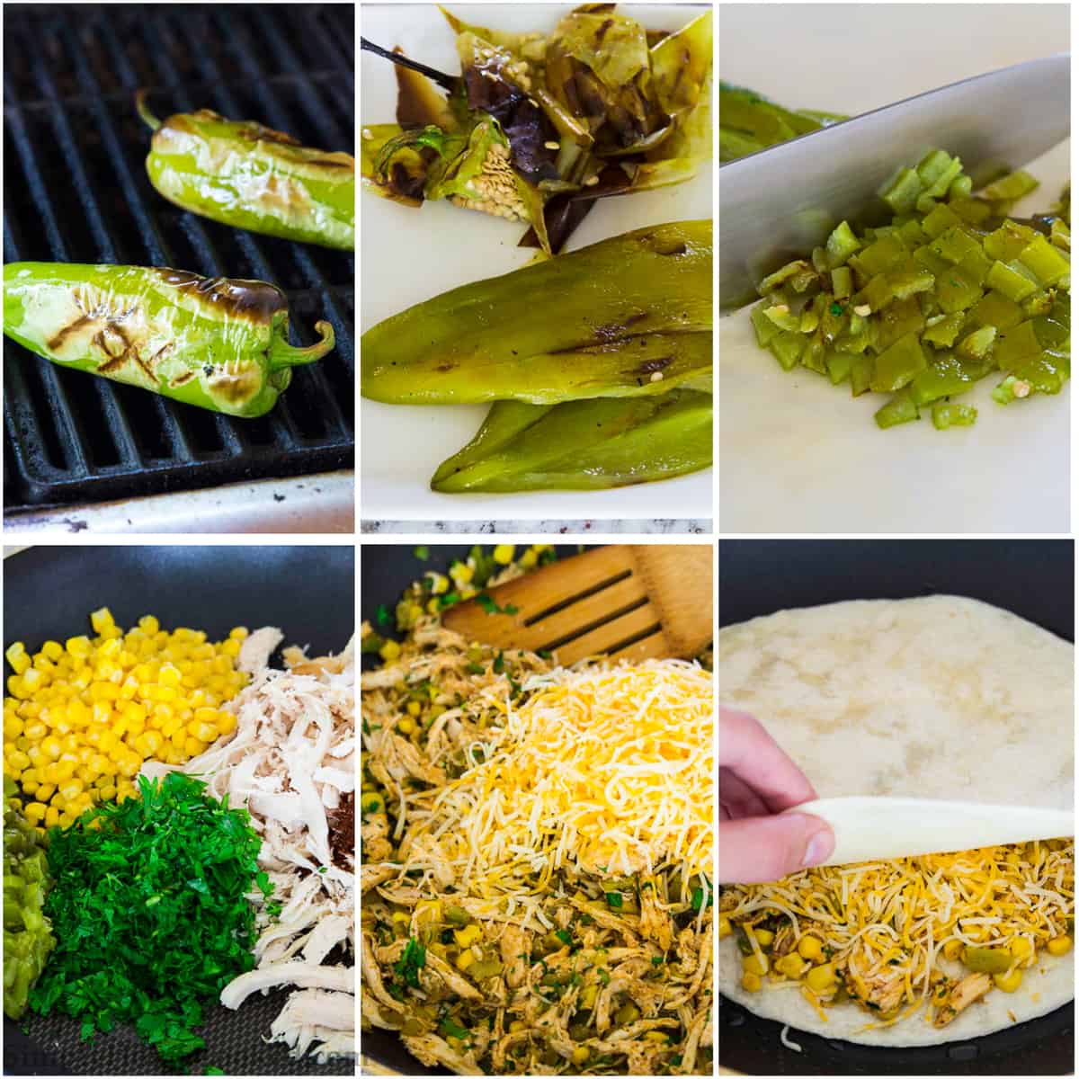 These easy chicken quesadillas are loaded with Mexican cheese, hatch chilies, and juicy rotisserie chicken. Its the perfect recipe for busy weeknights! #chickenquesadillas quesadilla #mexicanrecipe #mexicanfood #30minutemeal a step by step photo collage of how to make chicken quesadillas