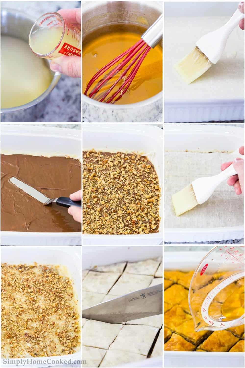 Step by step photo collage of layering the phyllo dough, Nutella, and pecans to create this delicious and simple Baklava recipe