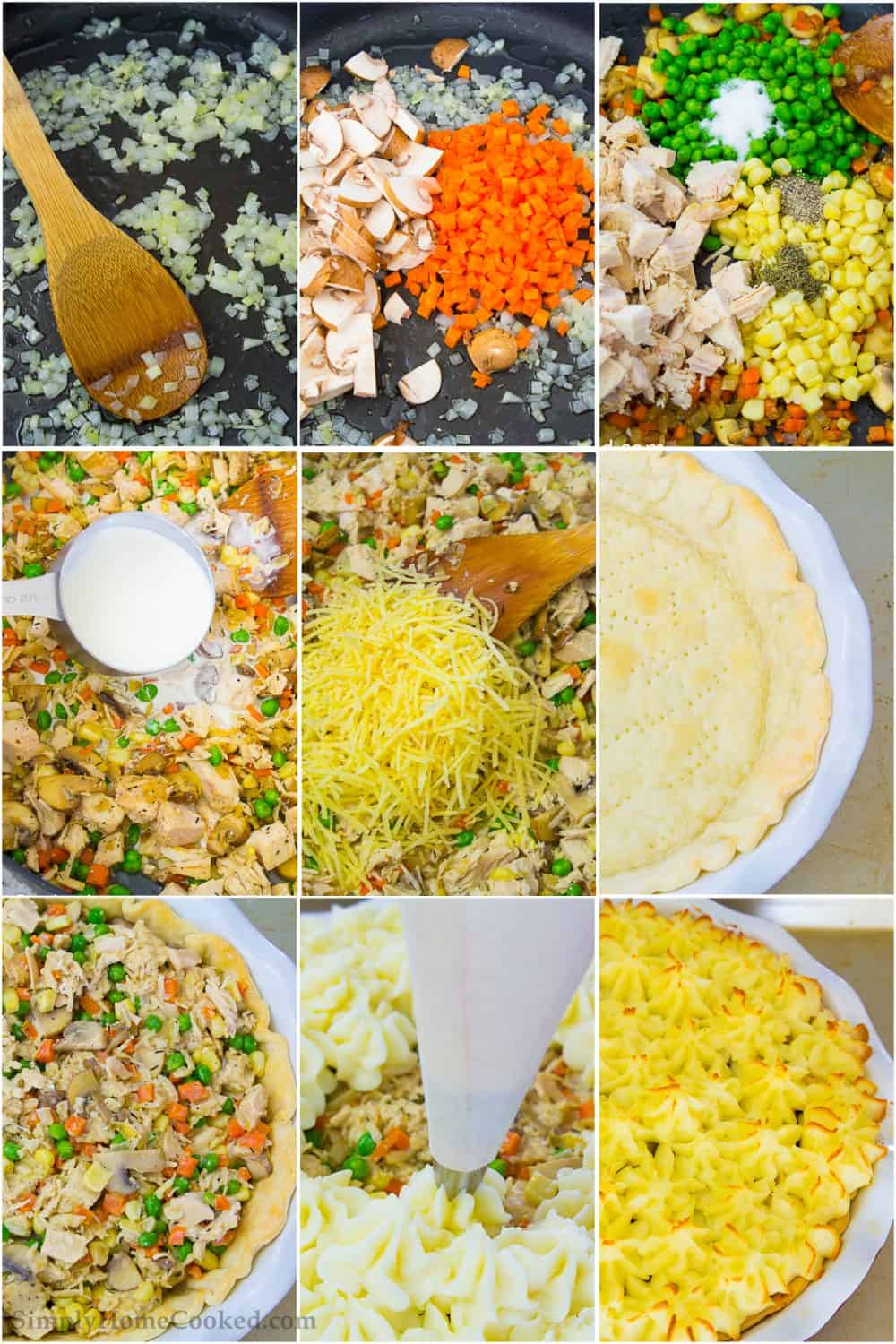 Easy and delicious thanksgiving turkey leftovers recipe! Make this tasty turkey shepherds pie! It's quick, simple, and so yummy. #turkeyleftovers #leftoverturkeyrecipe #shepherdspie #Turkeypie #savorypie a photo collage of steps on how to make the best turkey shepherds pie suing Thanksgiving leftovers