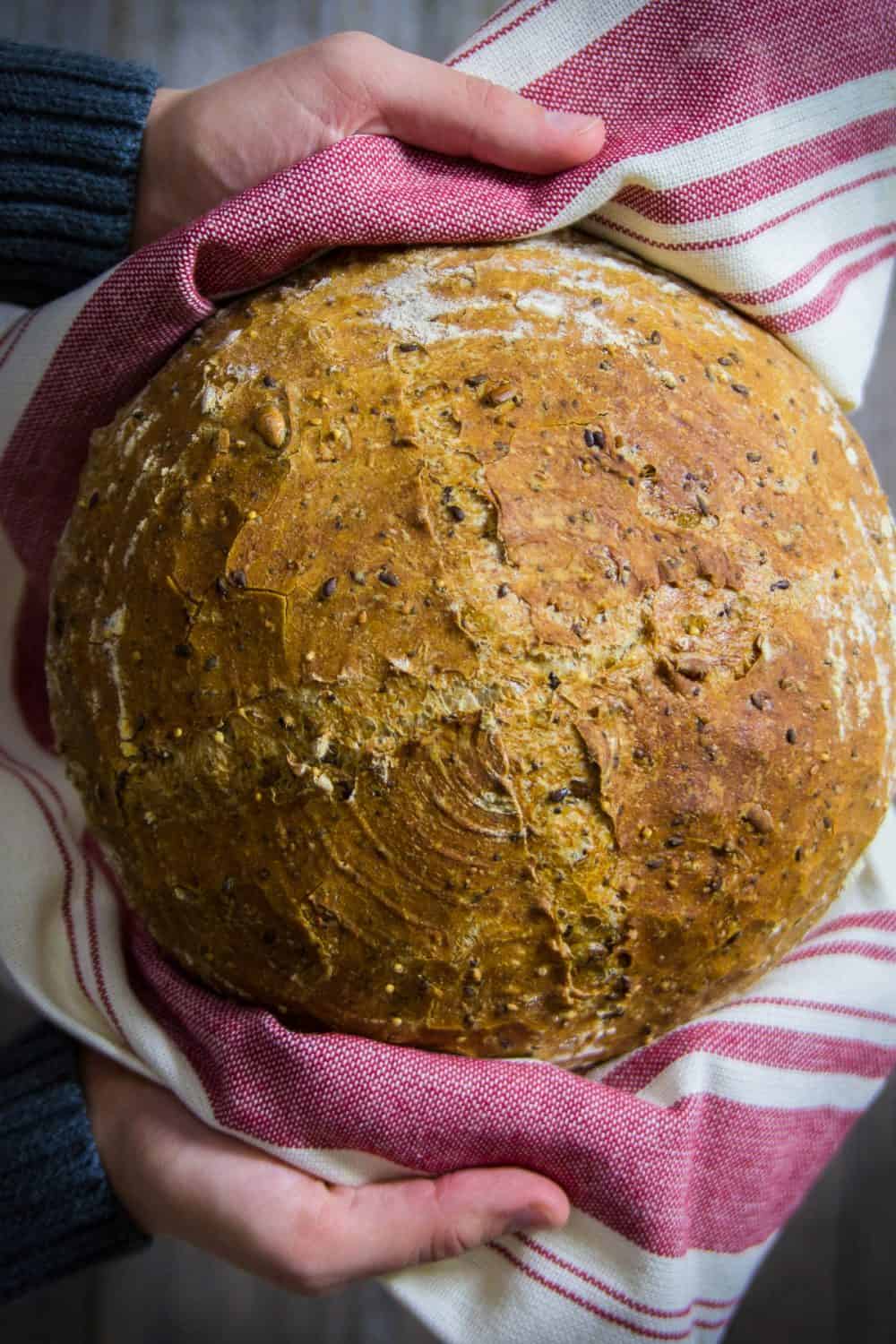 two hands holding Hearty harvest bread with a white and red kitchen towel