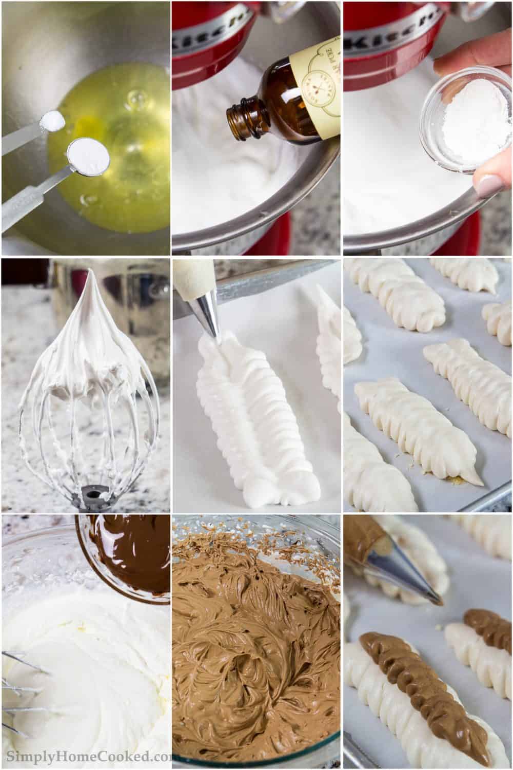 These meringue bites are topped with delicious chocolate cream, toasted hazelnuts, and fresh berries. It's an elegant dessert that everyone loves! #meringuecookies #meringuebites #russiandessert #meringuedessert a 9 image collage of steps to make the best meringue cookie with chocolate cream on top