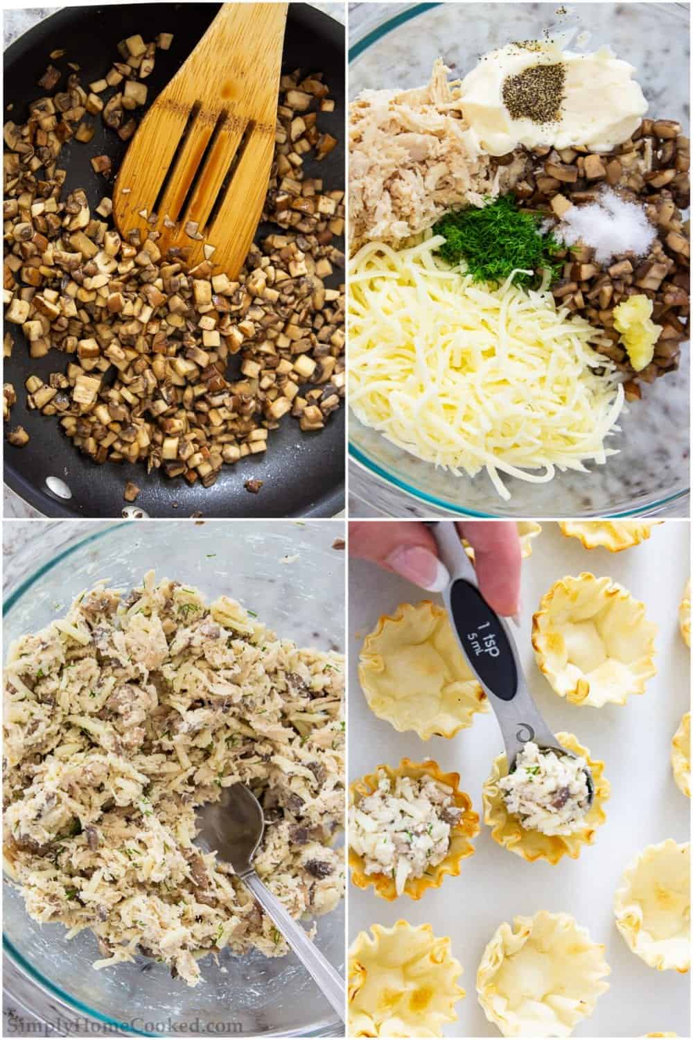 sauteed mushrooms in a skillet, chicken in a bowl, phyllo shells stuffed with chicken mushrooms and cheese