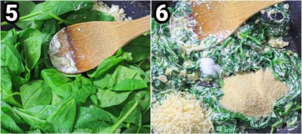 Steps to make Salmon Wellington: add the spinach, breadcrumbs, and parmesan cheese.