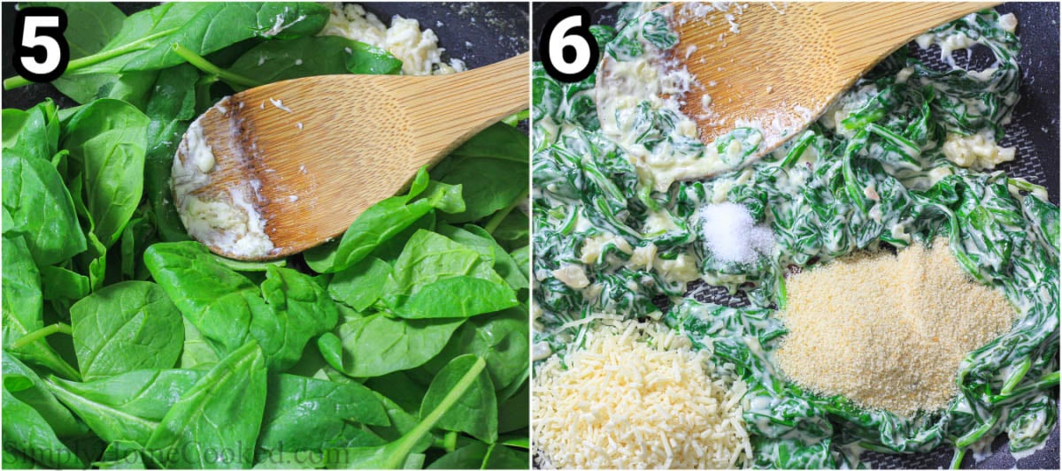 Steps to make Salmon Wellington: add the spinach, breadcrumbs, and parmesan cheese. 