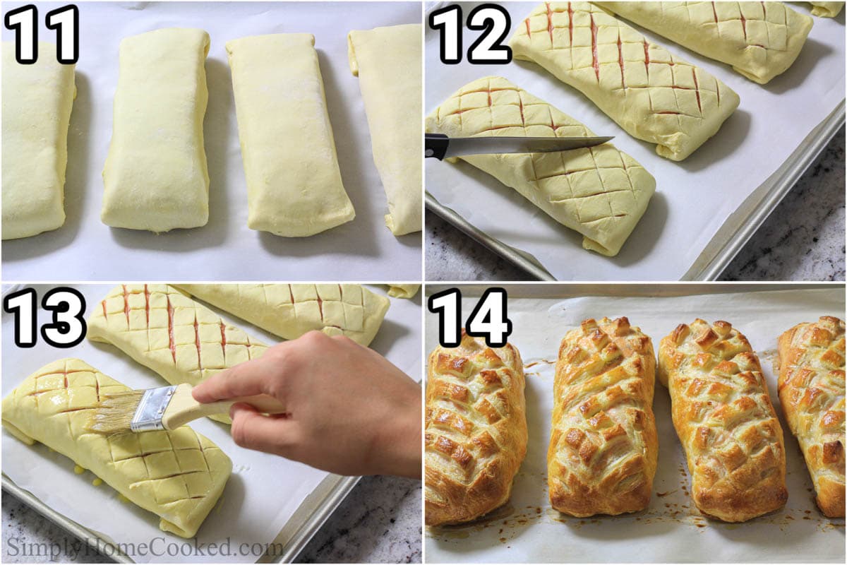 Steps to make Salmon Wellington: fold the wellingtons and then cut a crosshatch pattern into them before adding egg wash and baking. 