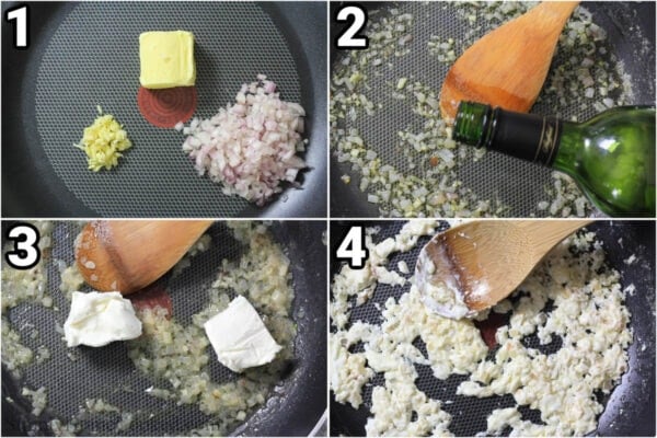 Steps to make Salmon Wellington: saute butter, shallots, and garlic, then add white wine, and then cream cheese.