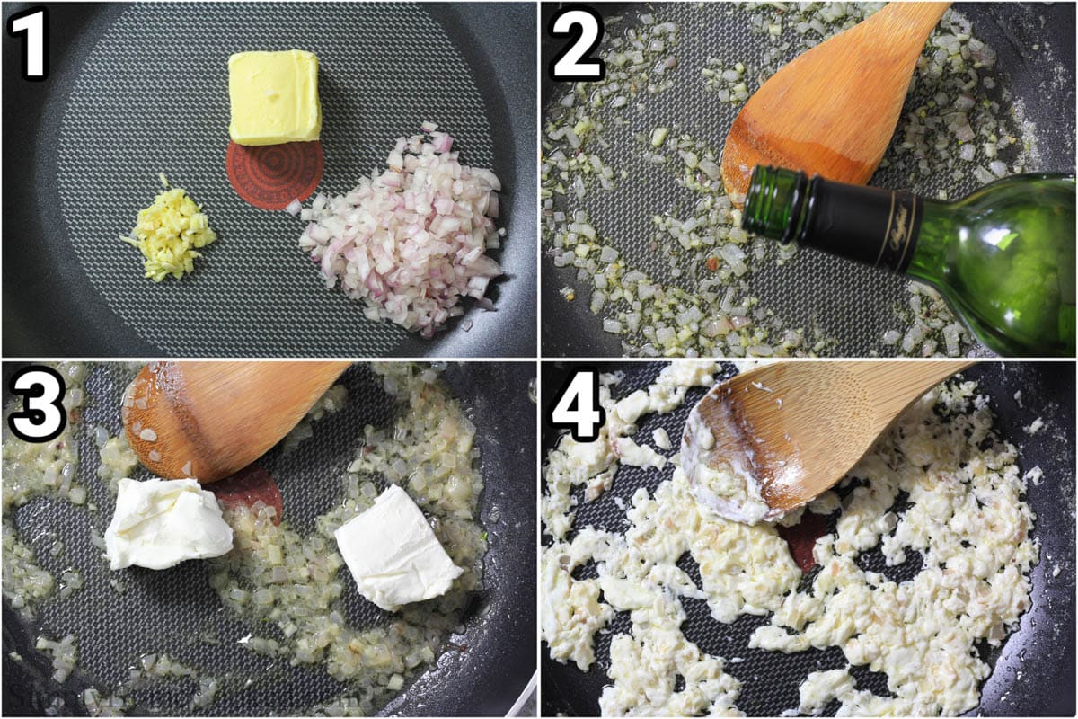 Steps to make Salmon Wellington: saute butter, shallots, and garlic, then add white wine, and then cream cheese.
