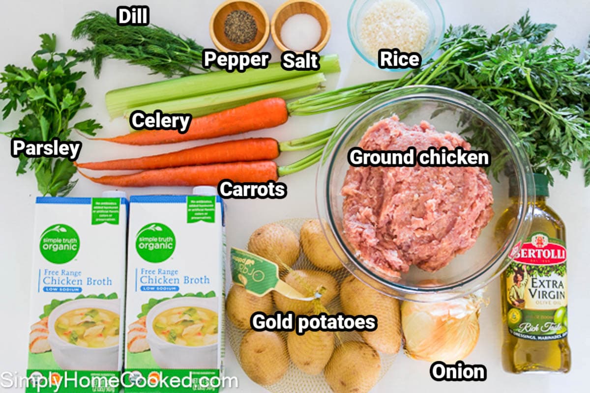 Ingredients for Chicken Meatball Soup: chicken broth, potatoes, ground chicken, oil, onion, carrots, celery, parsley, dill, rice, salt, and black pepper. 