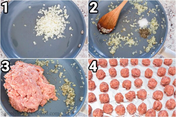 Steps to make Chicken Meatball Soup: saute the onions, add salt and pepper and then mix with ground chicken before rolling into meatballs.