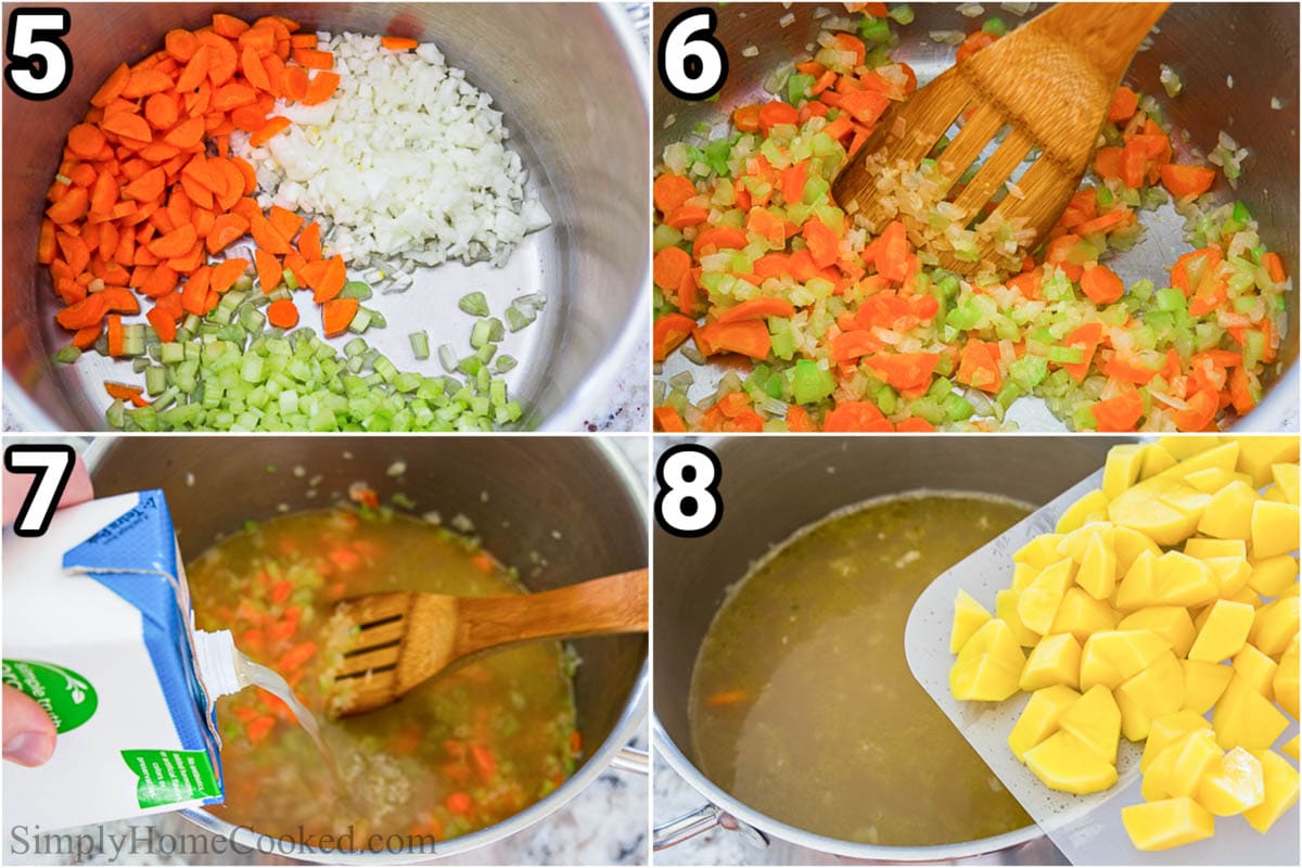 Steps to make Chicken Meatball Soup:  saute the onion, celery, and carrots, then add the chicken broth and potatoes. 