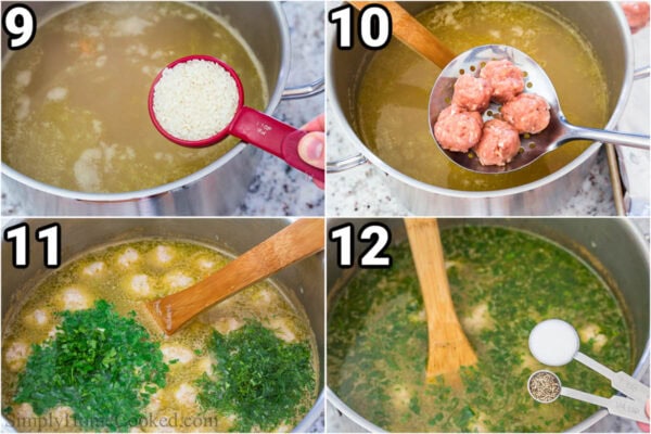 Steps to make Chicken Meatball Soup: add the rice and meatballs and boil, then add the salt pepper, dill, and parsley.