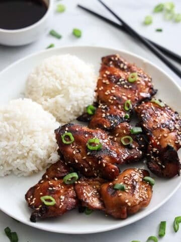 Plate of Grilled Teriyaki Chicken with rice and sauce nearby