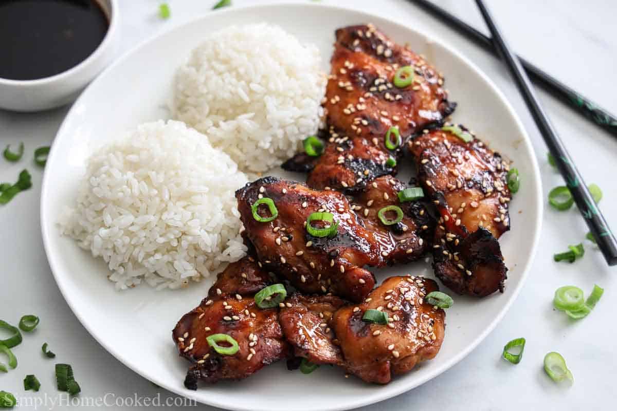 Close up of plate of Grilled Teriyaki Chicken with rice and sauce nearby