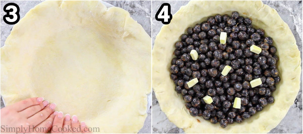 Steps to make Blueberry Pie, including rolling out the pie crust and filling it with the blueberries and butter.