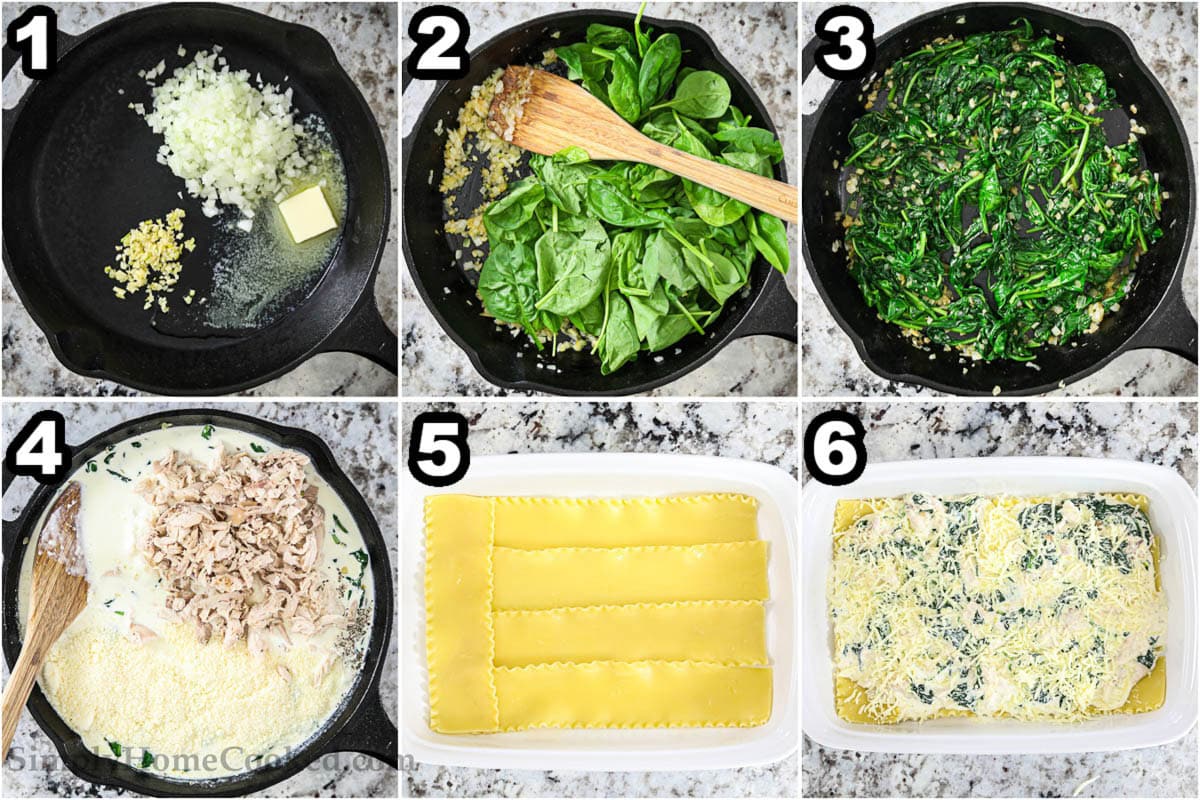 Steps to make Chicken Alfredo Lasagna: saute the garlic and onion in butter, wilt the spinach, then add the ricotta, parmesan, salt, pepper, and chicken before layering the sauce, pasta, filling, and cheese and baking.
