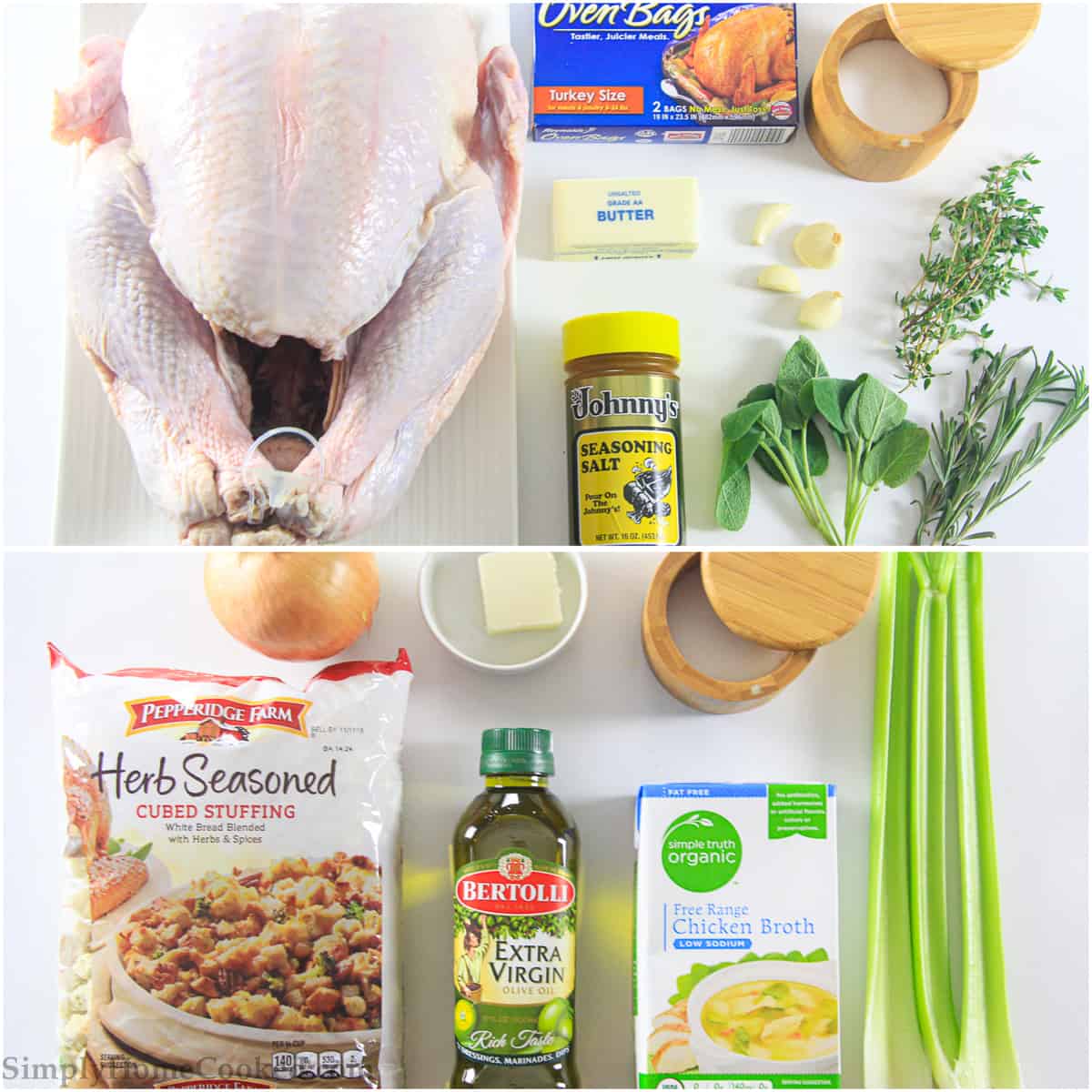 an overhead image of ingredients needed to make the juiciest thanksgiving turkey on a white background