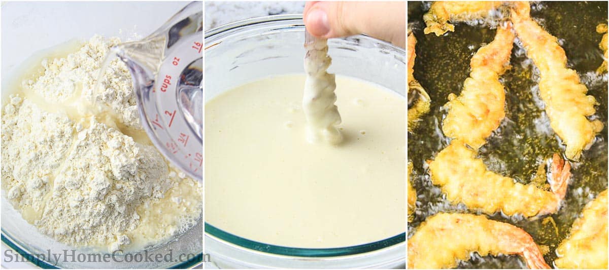 a step by step image collage on how to deep fry shrimp tempura