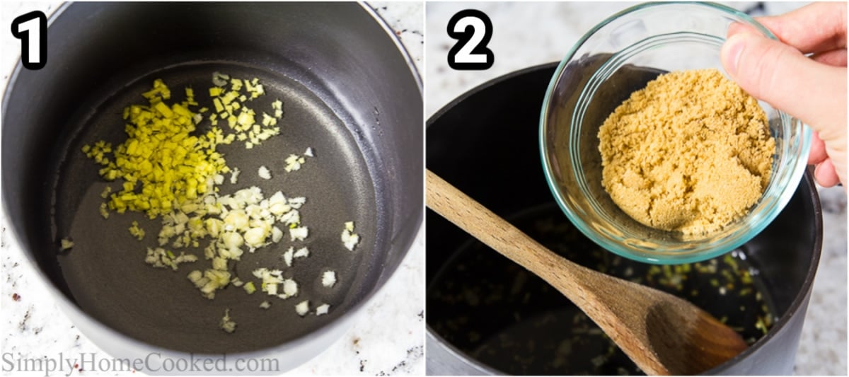 Steps to make Mongolian Beef, including sauteing the ginger, garlic, and onion, then adding the brown sugar and soy sauce.