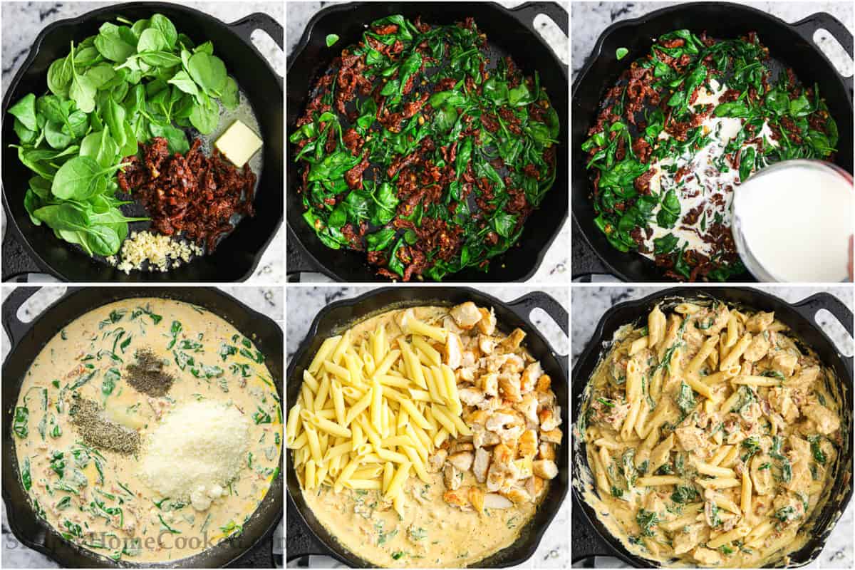 Steps to make Creamy Tuscan Chicken Pasta sauce, cooking the spinach, tomatoes, and garlic in butter and then adding heavy cream and then parmesan cheese, and finally stirring in the chicken and pasta.