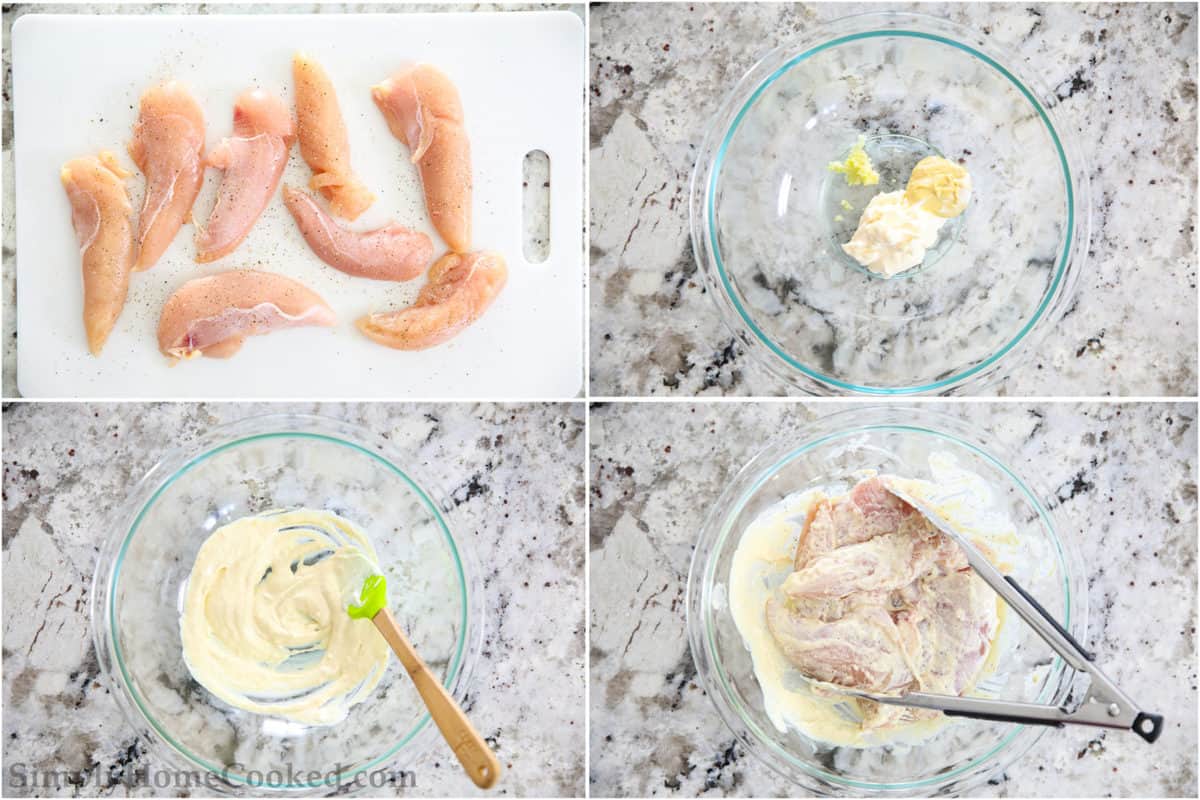 Steps to make breaded air fryer chicken tenders, including seasoning the chicken, making the marinade, and marinating the chicken tenders.