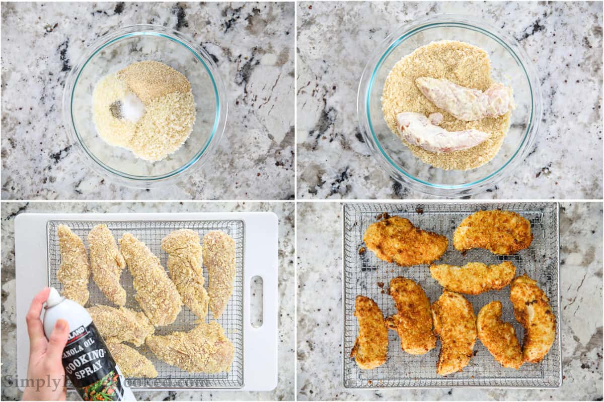 Steps to make breaded air fryer chicken tenders, including dredging the chicken breasts, spraying them with cooking spray, and cooking in the air fryer. 