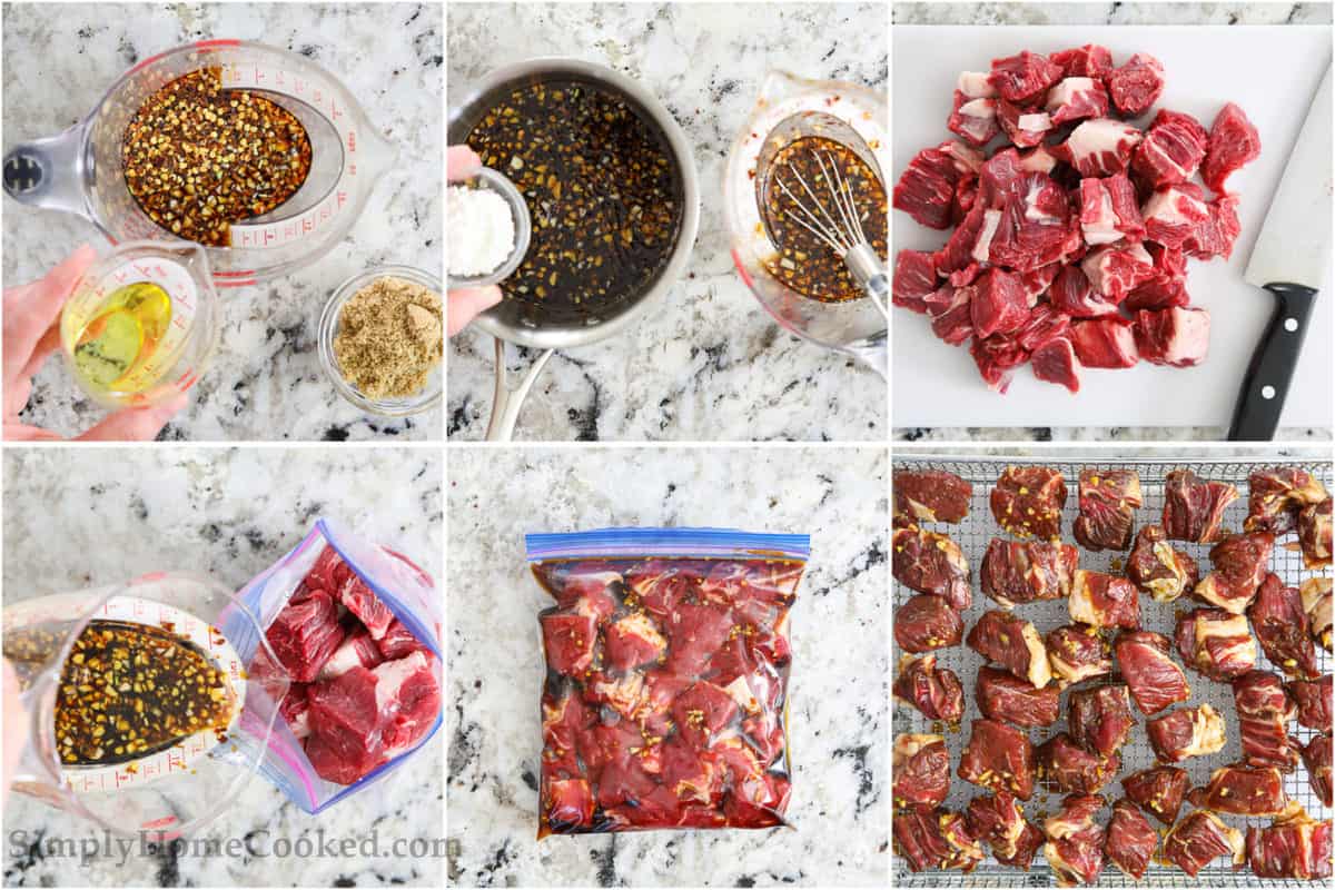 Steps for making Air Fryer Steak Bites, including mixing the marinade, cutting the steak, making the sauce, marinading the steak bites and then cooking them.